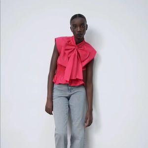Zara Pink Poplin Top With Bow Size XS NEW